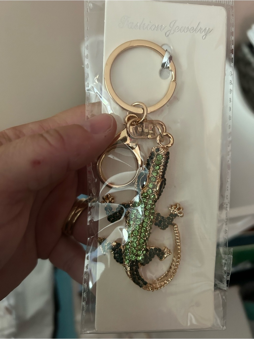 4/$50 Green Crystal Lizard Keychain - Gold Hardware
